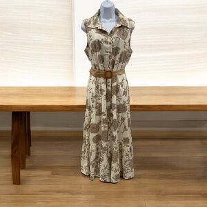Falling Flowers Button Front Floral Sleeveless Boho Dress with Belt  Size Large